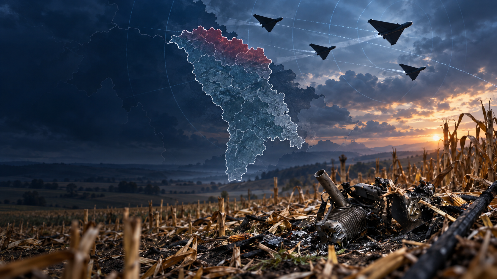 Ilustrație editorială despre patru drone care traversează spațiul aerian al Republicii Moldova